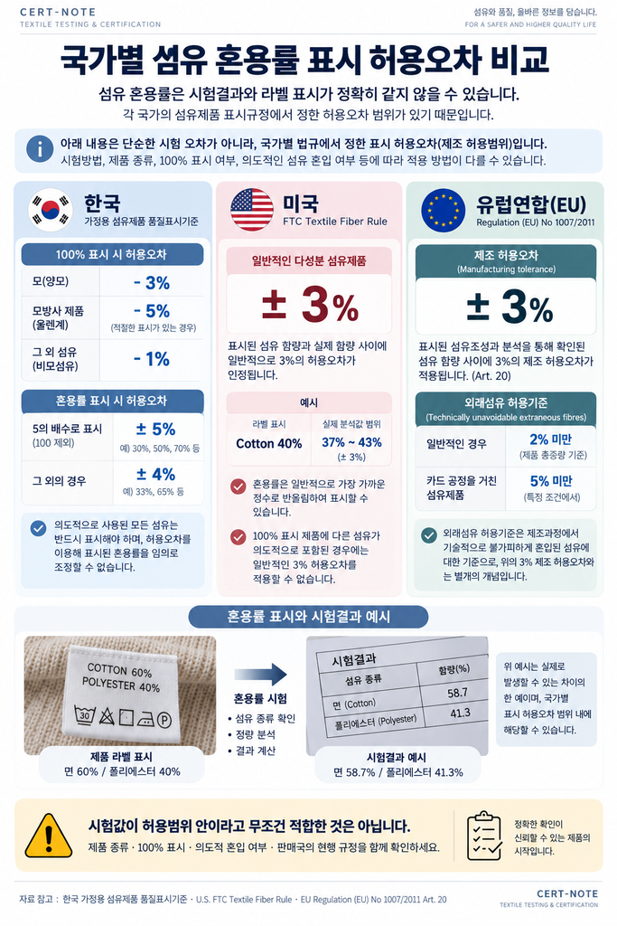 한국 미국 EU 섬유 혼용률 시험결과와 라벨 표시 허용오차 비교